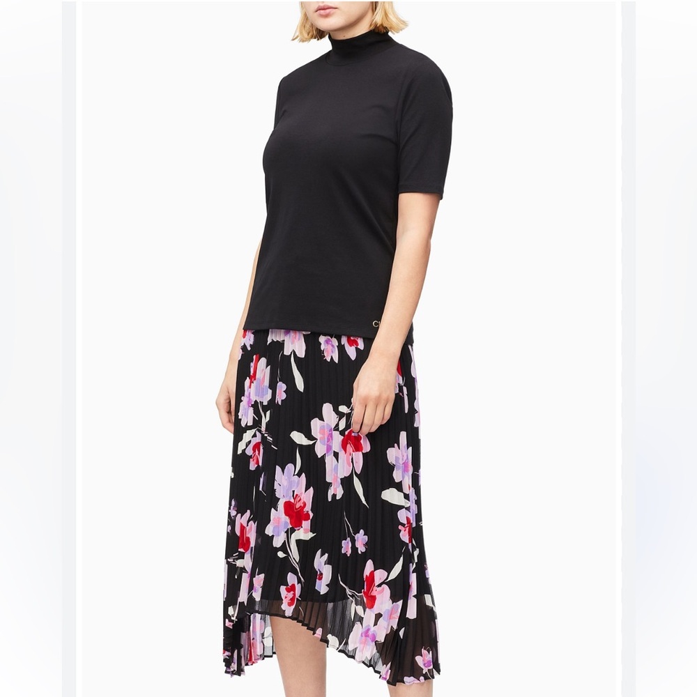 NWT Calvin Klein Skirt Womens Sz L Black Purple Pleated Pull On Midi Lined